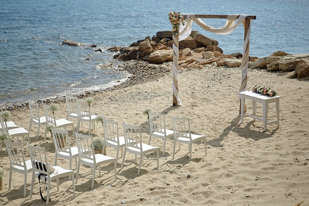 Wedding arch and chairs for a boho beach wedding in Halkidiki
