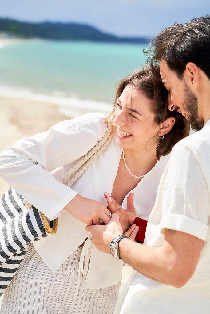 Contemporary beach proposal photography session in Polychrono Greece